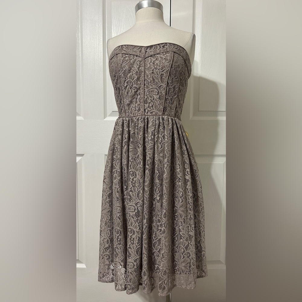 EVA MENDES Special Occasion Strapless Dress Taupe Brown Floral Lace Size 10